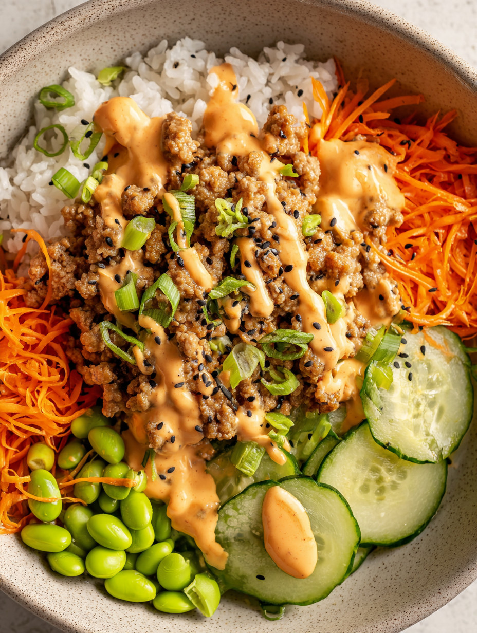 Ein Schälchen mit Rice, Meat, Zwiebeln und Käse.