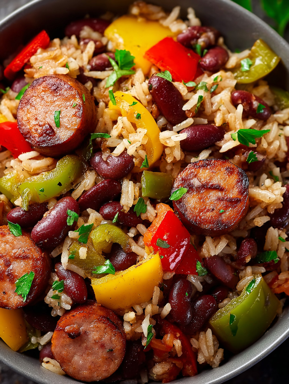 Ein Bild von einer Schüssel mit Rice, Tomaten, Paprika, Zwiebeln und Schweinchen.