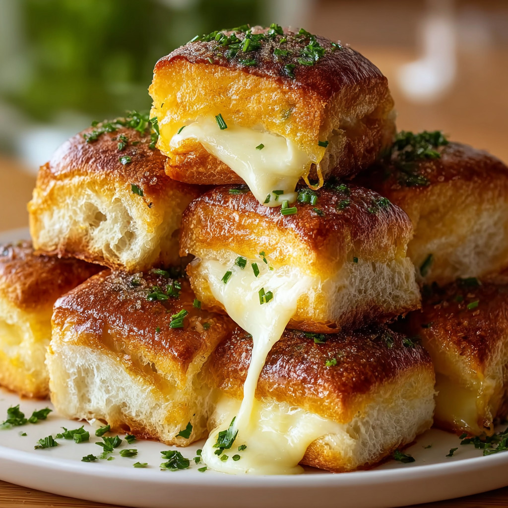Eine Platte mit sechs Scheiben Brot, die mit Käse und Kräutern garniert sind.