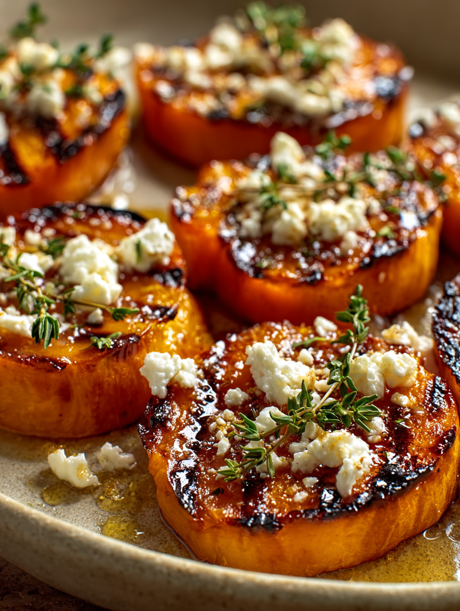 Eine Platte mit sechs Scheiben von roten Kürbis, die mit Feta-Käse und Kräutern garniert sind.