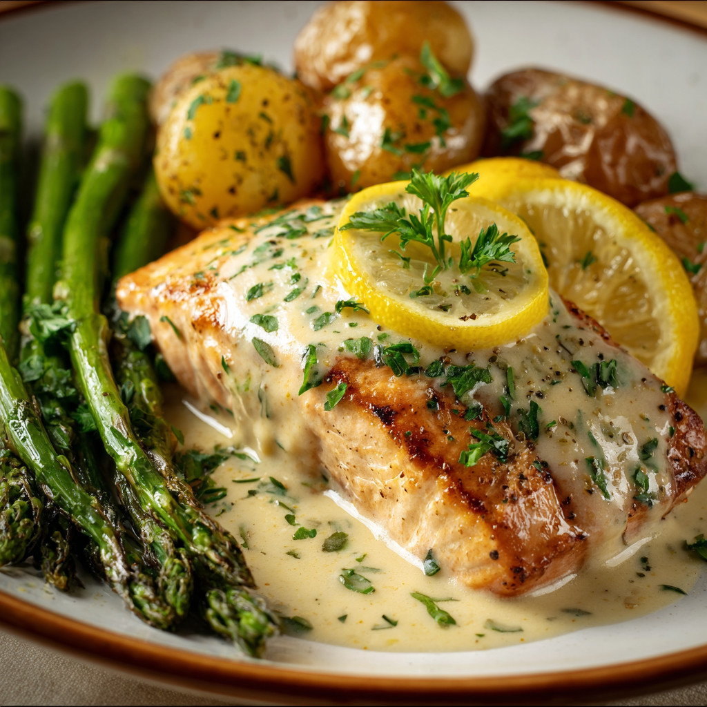 Ein Plate mit gegrilltem Salmon, Asparagus, Kartoffeln und Zwiebeln.