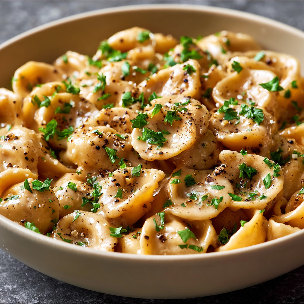 Ein weißer Teller mit Pasta und Zwiebeln.