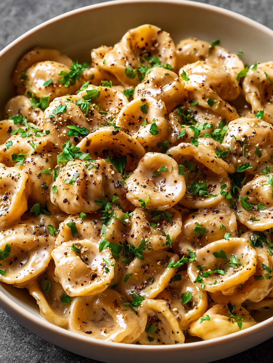 Ein Bild von einer Pasta-Gerichte, die mit Parmesan, Zwiebeln und Knoblauch zubereitet wurde.