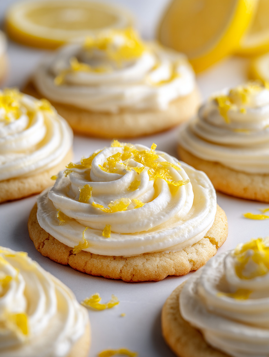 Eine Tasse mit weißen Cookies, die mit Zitronen und Sahne garniert sind.