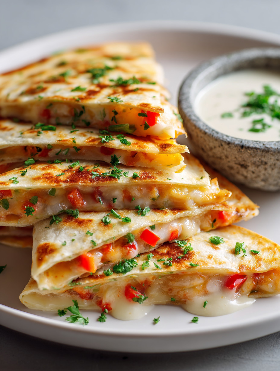 Eine Platte mit sechs quadratischen, grün-gelben und roten Tortillas, die mit Käse und Tomaten gefüllt sind.