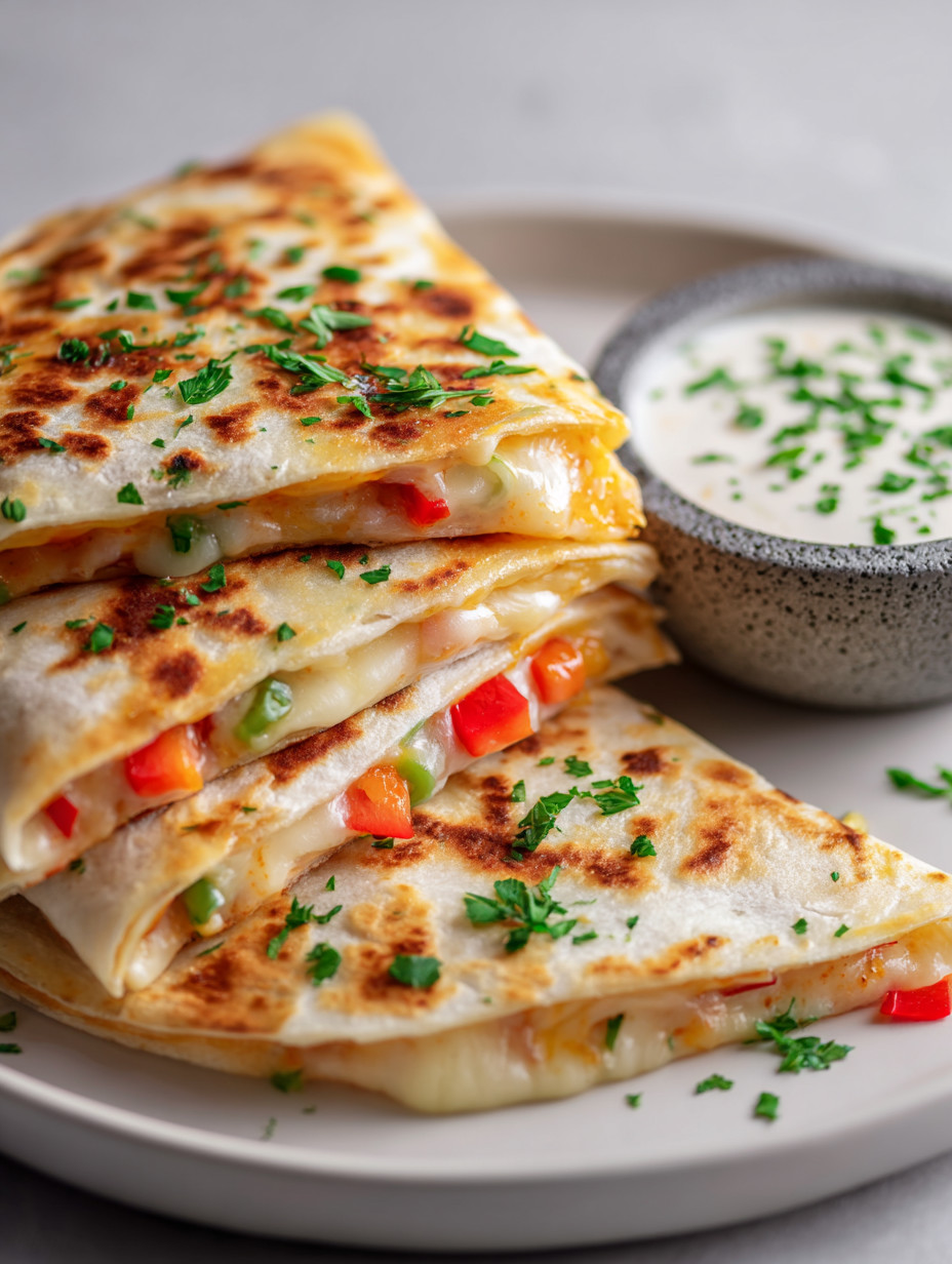 Eine Platte mit drei Schichten von Quesadillas, die mit Pesto und Tomaten garniert sind.