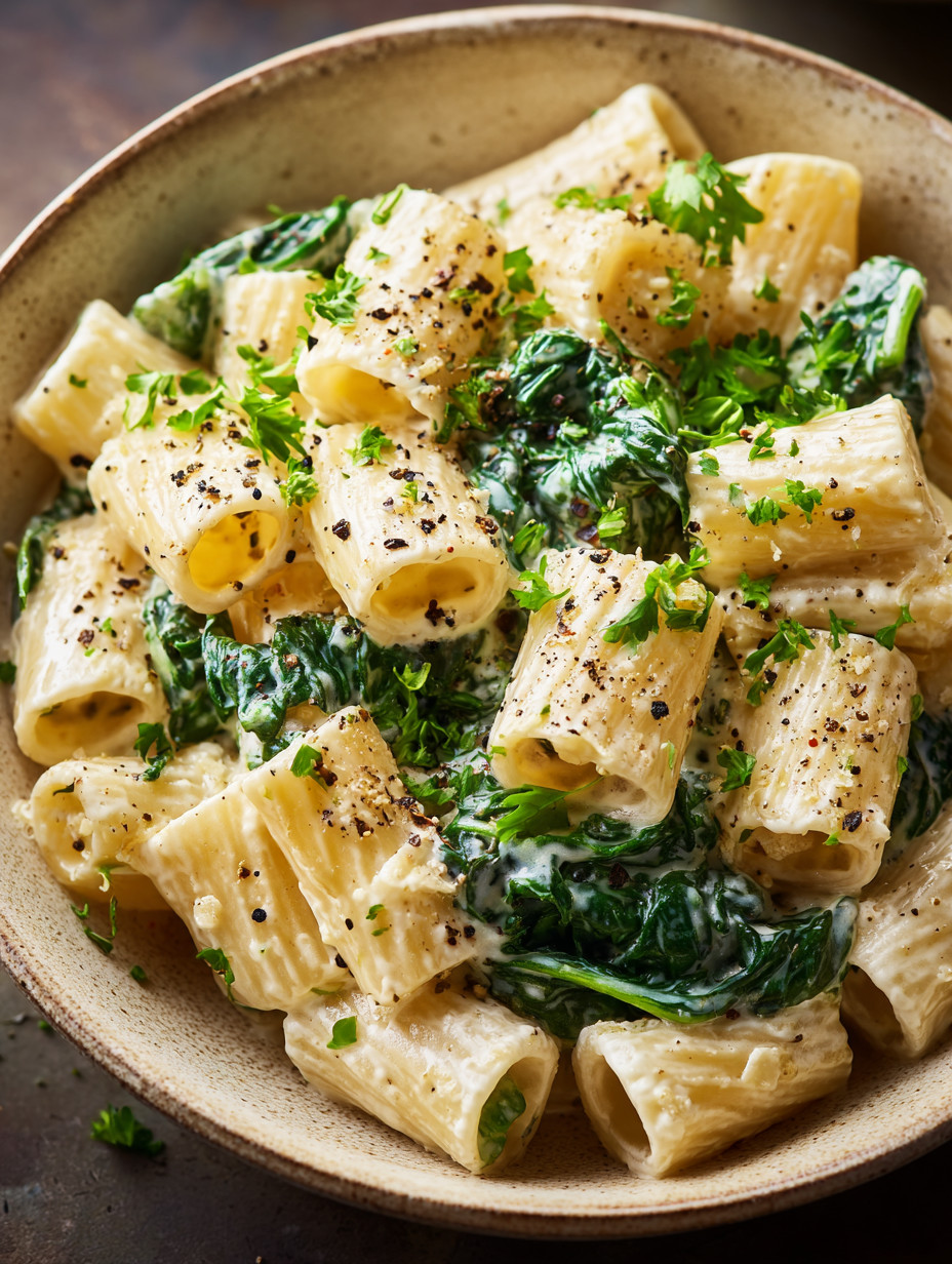 Ein Bild von Penne mit Spinat und Kräutern in einem Becher.