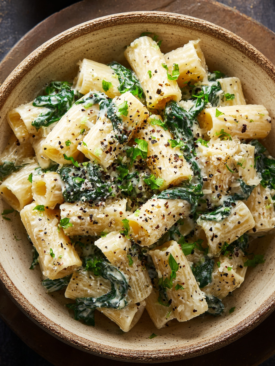 Ein großer, gefüllter Topf mit Penne-Nudeln und Spinat.