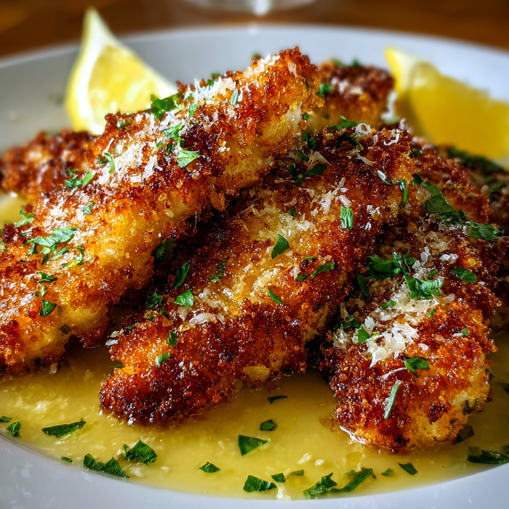 Ein weißer Teller mit frisch zubereiteten Fischsticks, die mit Parmesan und Zitronen gewürzt sind.