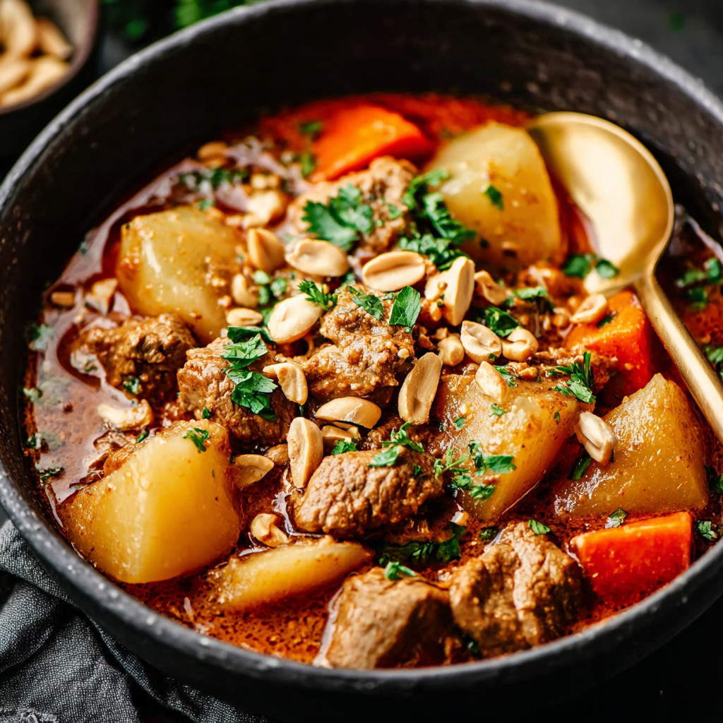 Ein schwarzes Becken mit einer Mischung aus Nüssen, Kartoffeln, Karotten und Fleisch.