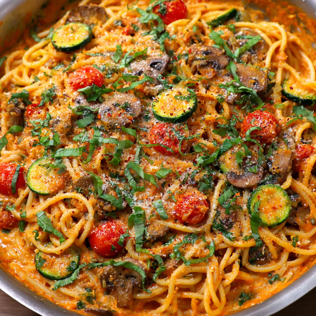 Ein Bohneneintopf mit Spaghetti, Zucchini, Tomaten, Mushrooms und Basilikum.