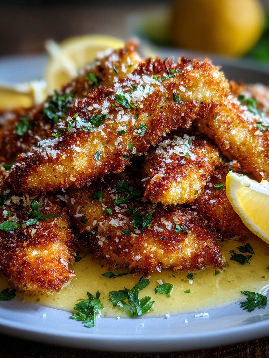 Eine Platte mit frisch zubereiteten Fischstäbchen, die mit Parmesan und Zitrone garniert sind.