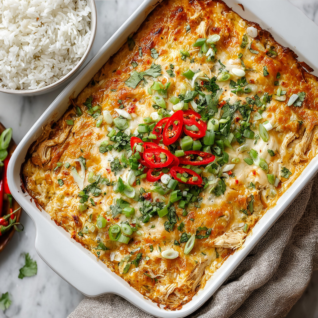 Ein weißer Teller mit einer Lasagne, die mit grünen Zwiebeln und roten Paprika garniert ist.