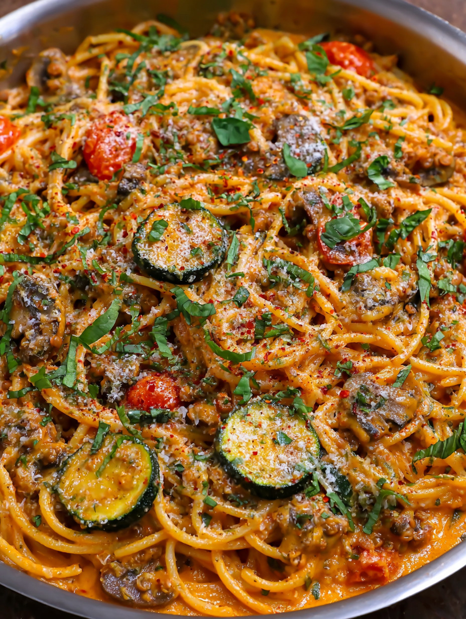 Eine Schüssel mit Pasta, Zucchini, Tomaten und Basilikum.