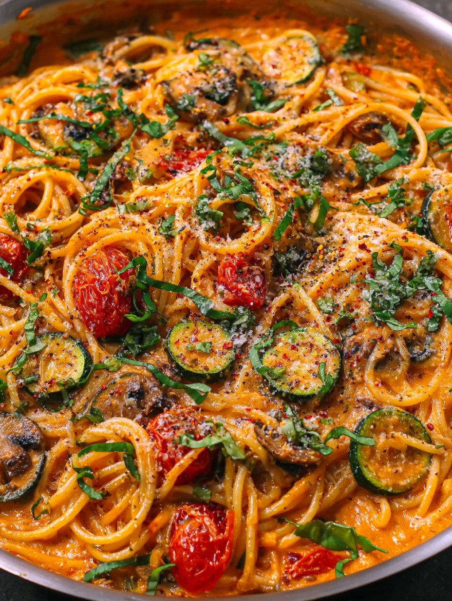 Eine Platte mit Pasta, Zucchini, Tomaten, Basilikum und Zwiebeln.