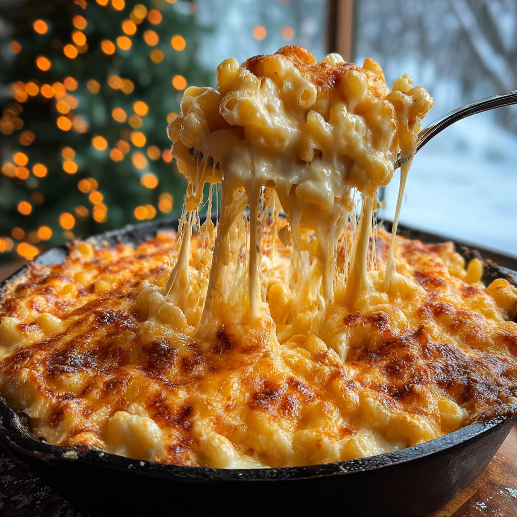 Ein Batch macaroni und cheese in einem Schalen, der mit einer Gabel gestochen wird.