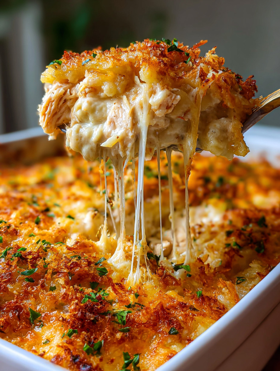 Ein Batch von Käse-Kartoffeln wird mit einer Gabel aufgetragen.