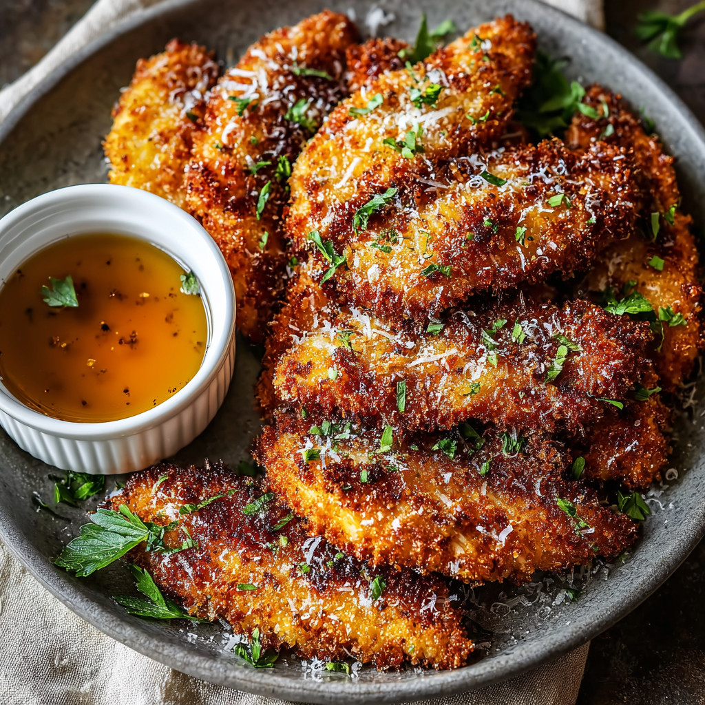 Ein Plate mit frisch zubereiteten Chicken-Streifen, die mit Parmesan-Käse und Gewürzen garniert sind.