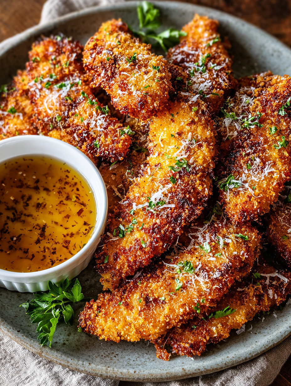 Ein Plate mit frisch zubereiteten Chicken-Streifen, die mit Parmesan-Käse und Kräutern garniert sind.