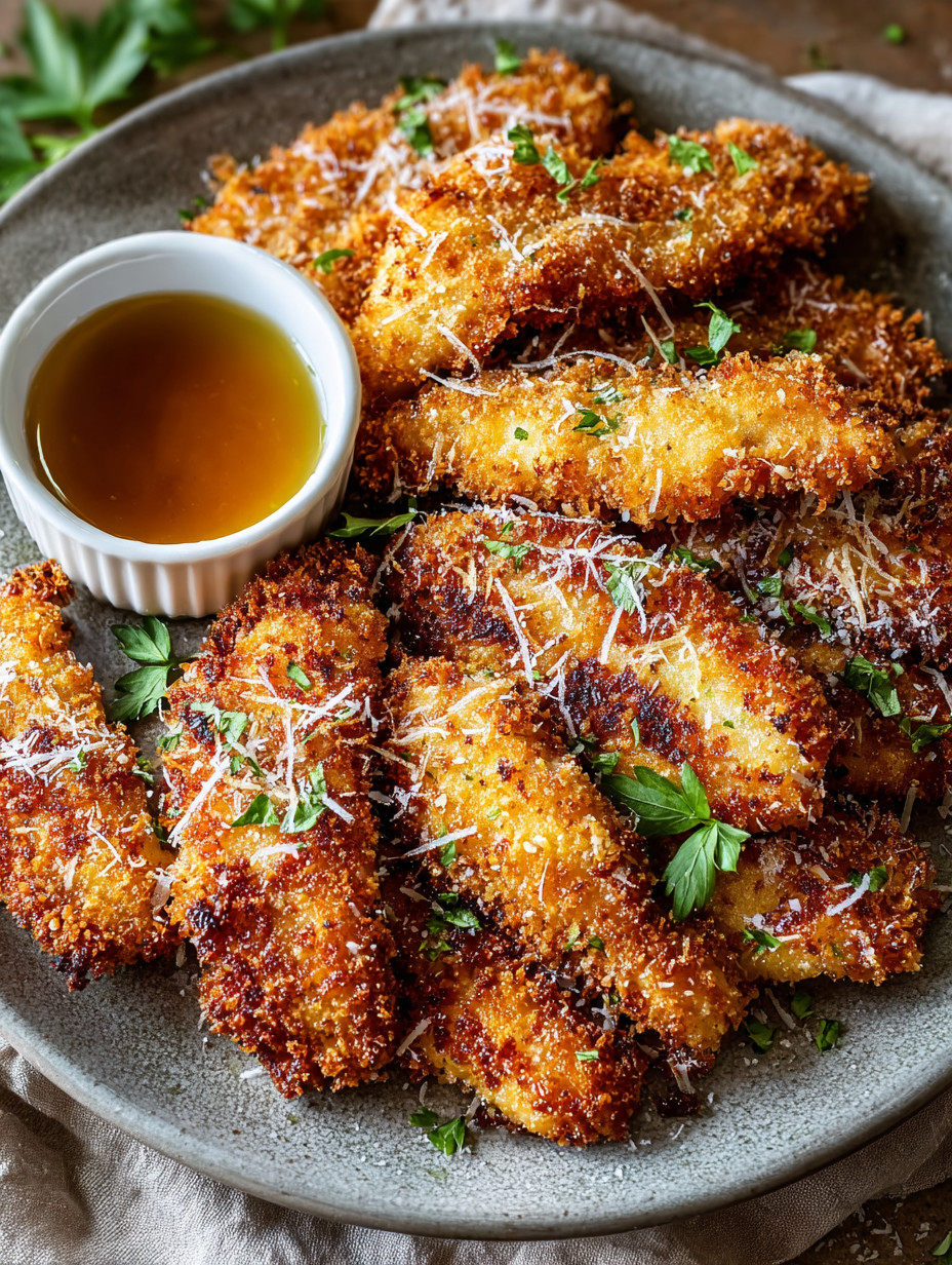 Ein Plate mit frisch zubereiteten Chicken-Streifen, die mit Parmesan-Käse und Sauce garniert sind.