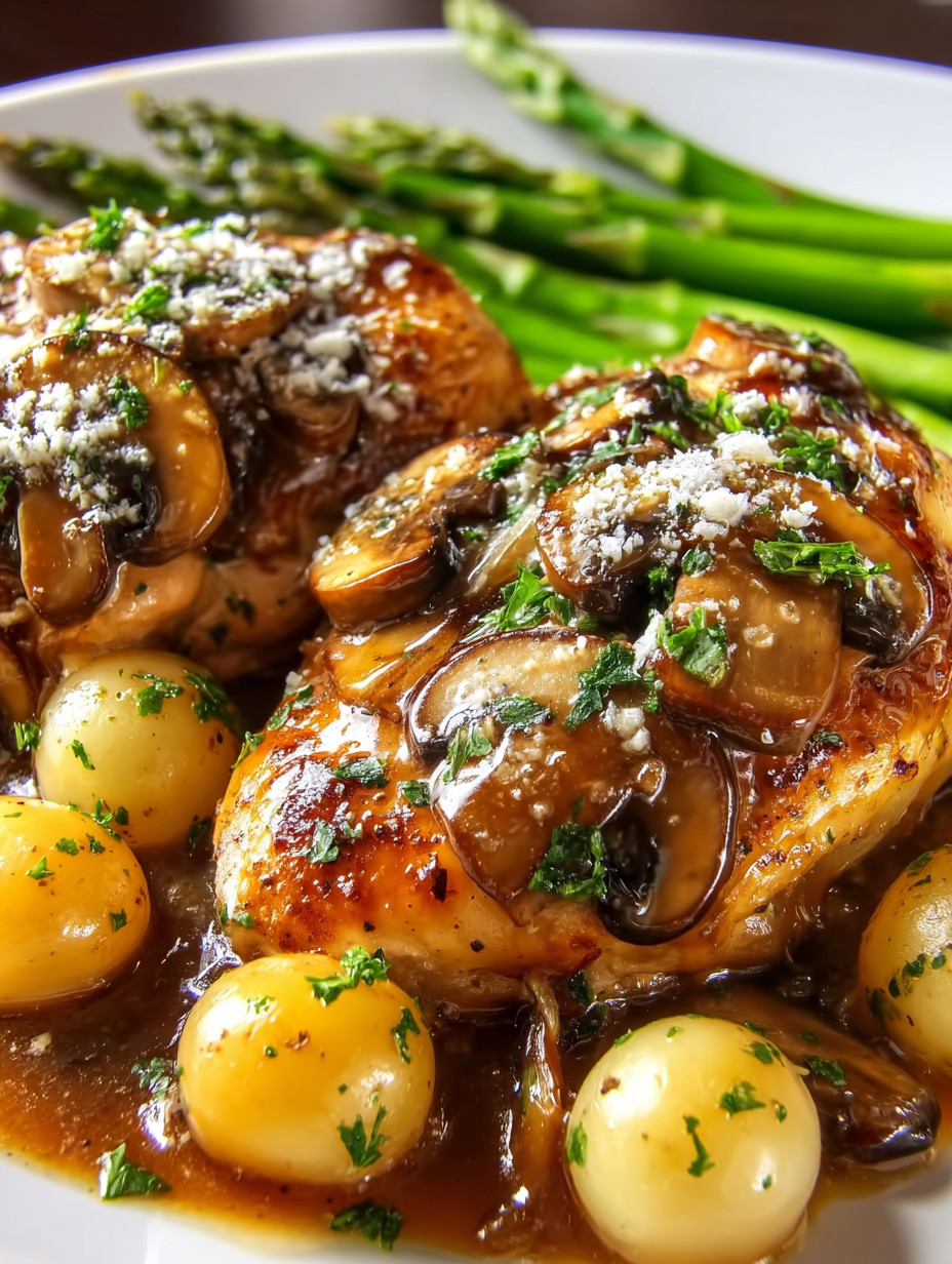 Chicken mit Mushrooms und Zwiebeln.