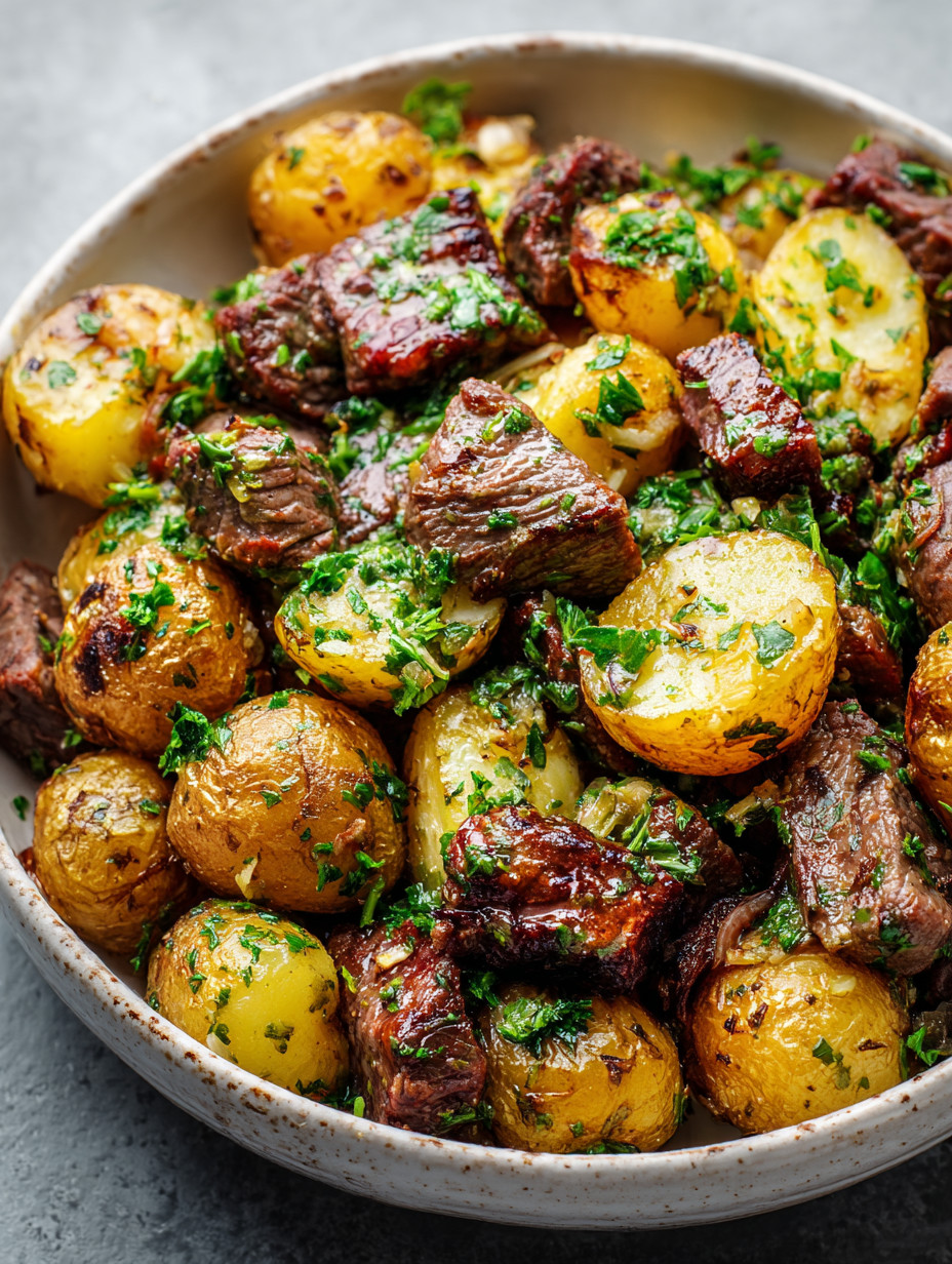 Ein Schüssel mit gegrilltem Fleisch und Kartoffeln.