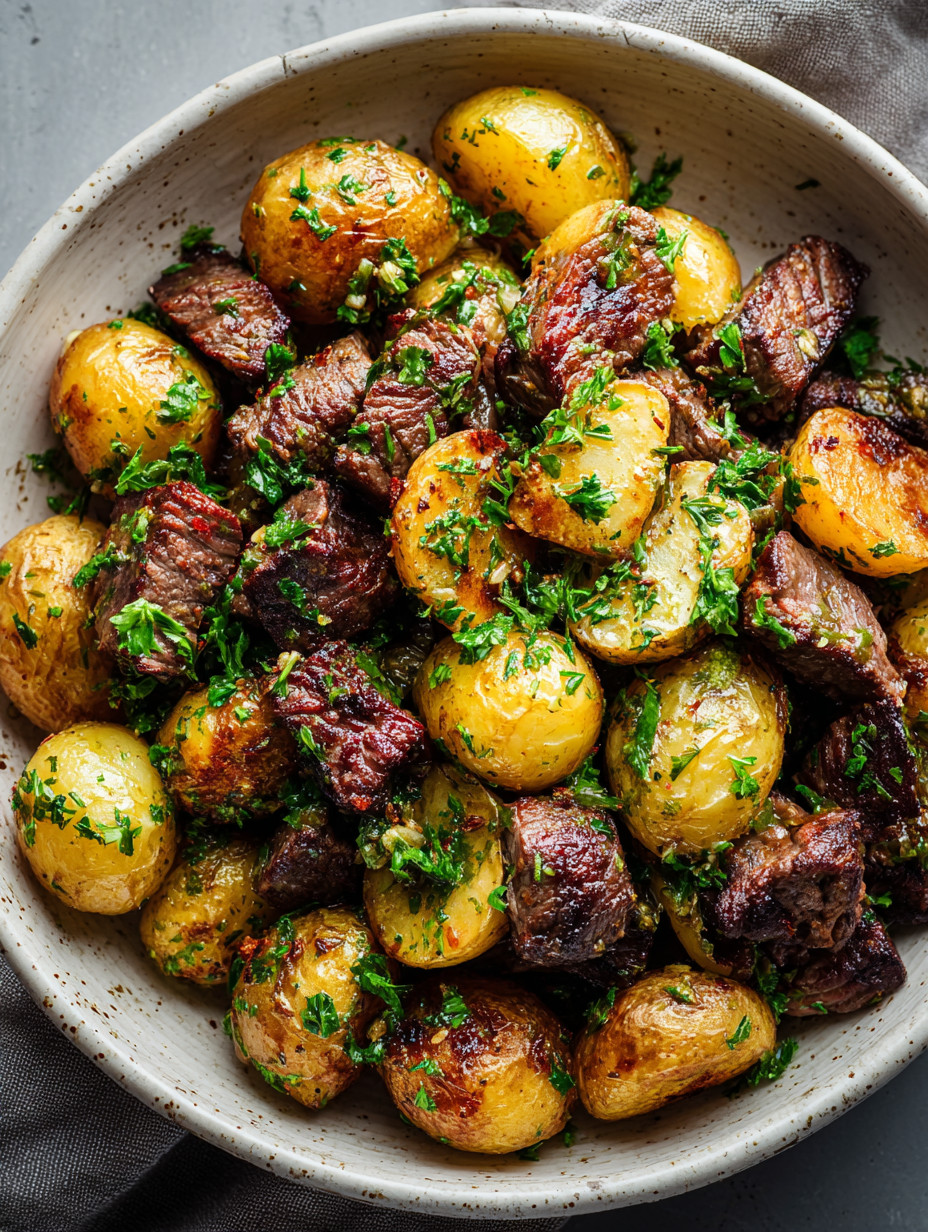 Ein großer Topf mit einer Mischung aus Fleisch, Kartoffeln und Zwiebeln.