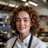 Eine Frau mit roten Haaren, die als Köchin arbeitet, sieht lächelnd in die Kamera.