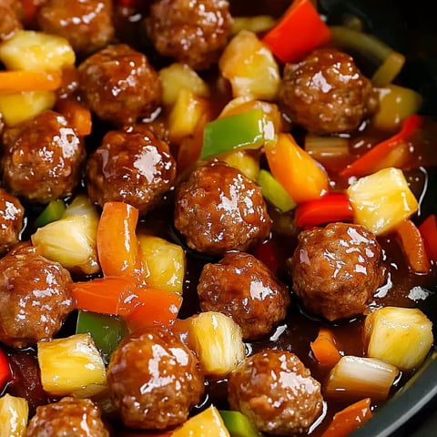Ein Bild von Meatballs in einer Sauce, die aus einer Mischung aus Zwiebeln, Paprika, Pineapple und Zucker besteht.