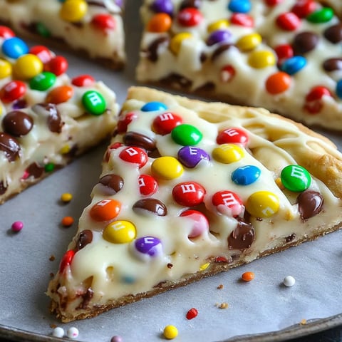 A slice of white chocolate brownie pizza with M&M's on top.