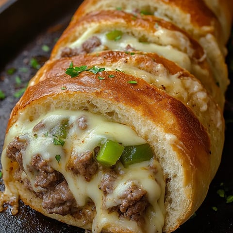A close up of a Philly Cheesesteak Stromboli.