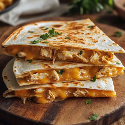 Eine Taco Bell Chicken Quesadilla auf einem Holzblock.