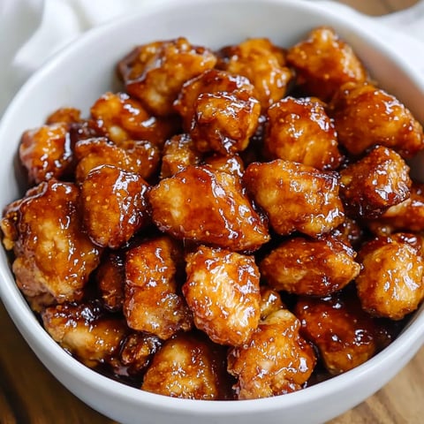 Ein weißer Teller mit einer Mischung aus Kichererbsen, Zucker und Essigglasur, die als "3 Ingredient Orange Chicken" bezeichnet wird.