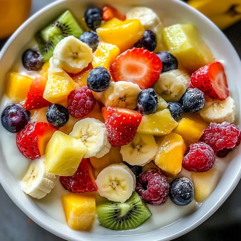 Ein weißer Becher mit einer Mischung aus frischem Obst und Vanille-Pudding.
