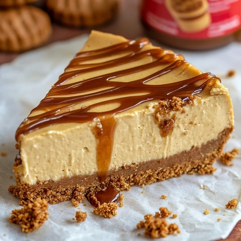 Eine süße, cremige Biscoff Cheesecake mit einer Schicht aus Biscoff-Keks und Schokoladenglasur.