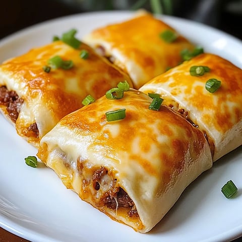 Ein weißer Teller mit vier Scheiben von "Loaded Cheesy Pocket Tacos" auf ihm.