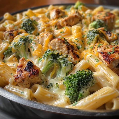 Ein Schmelztopf mit Pasta, Broccoli und Chicken.