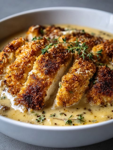 Ein weißer Teller mit einer Mischung aus Käse, Sauce und Zwiebeln.