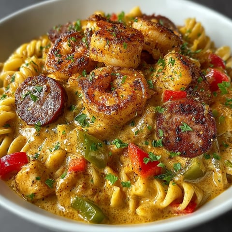 Ein weißer Teller mit einer Mischung aus Pasta, Shrimp, Tomaten, Paprika und Zwiebeln.