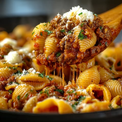 Eine Schüssel mit Penne-Nudeln, die mit Tomaten-Sauce und gerösteten Zwiebeln garniert sind.