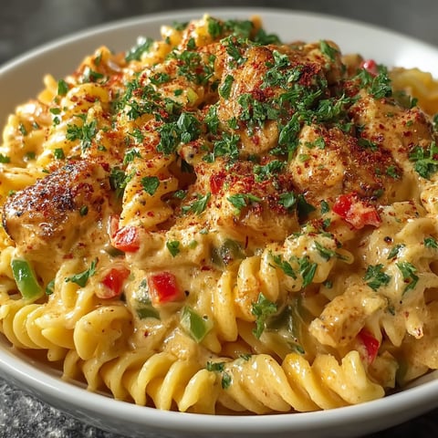 Ein weißer Teller mit einer Mischung aus Pasta, Zwiebeln, Tomaten, Paprika und Koriander.