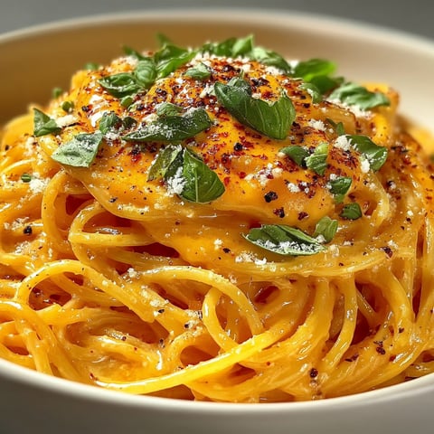 Ein weißer Teller mit Pasta, die mit Zwiebeln und Kräutern garniert ist.