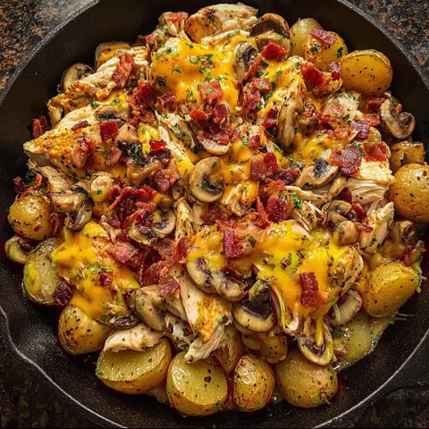 Ein Schmelztopf mit Chicken, Mushrooms und Kartoffeln.