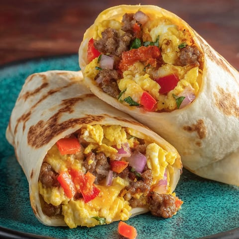 Zwei Egg-Rolls mit Eiern und Zwiebeln auf einem blauen Teller.