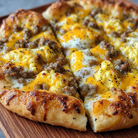 Eine pizza mit saurem Käse und Eiern auf einem Holzbrett.