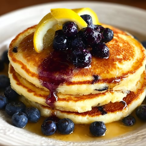 Eine Platte mit Pancakes, die mit Blueberries und Zitrone garniert sind.