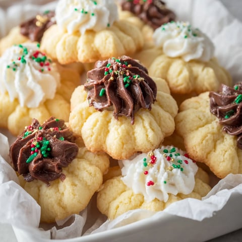 Ein weißer Becher mit weißen und grünen Cookies, die mit Schokolade und Schokoladenglasur garniert sind.
